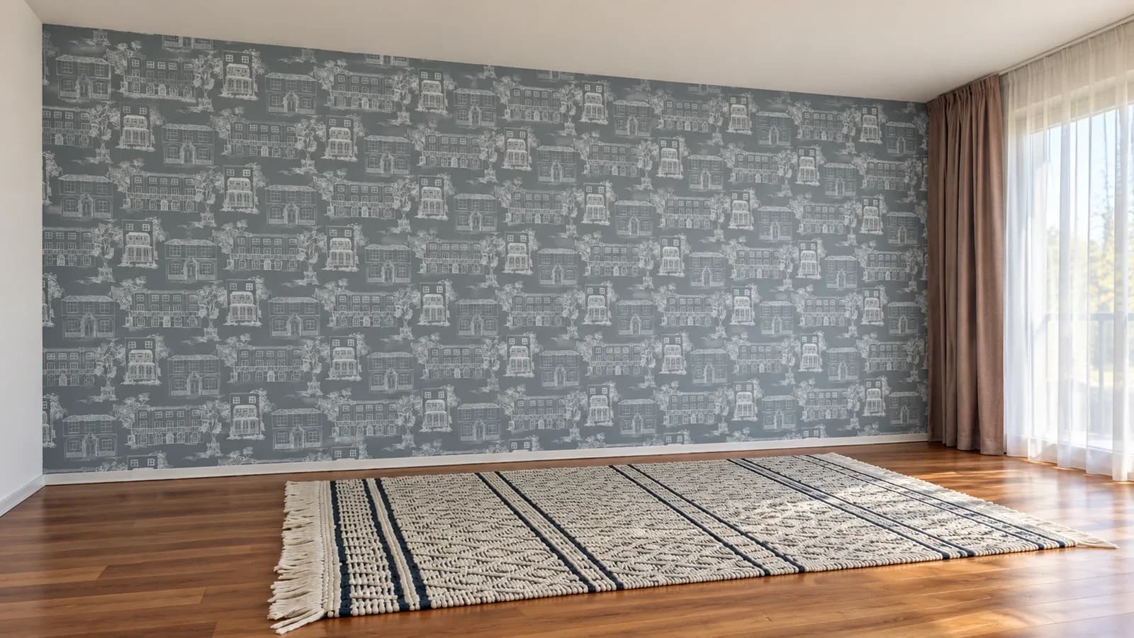Kinderzimmer in Zürich mit Vliestapete im Häuser-Muster über die ganze Wand, Parkett und Vorhang