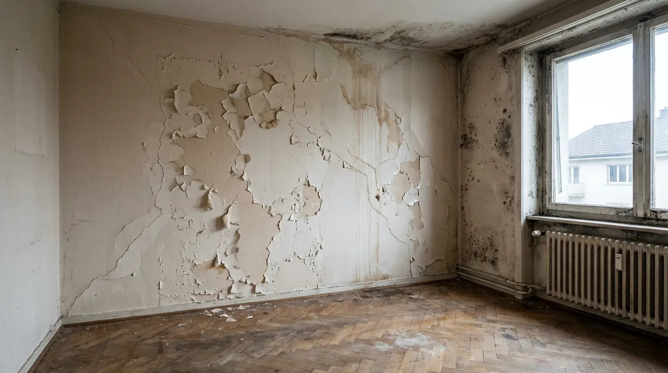 Beschädigte Wand mit abblätternder Farbe vor der Renovation